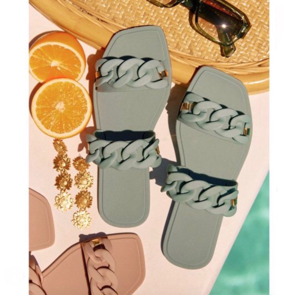 !! NEW !! Jelly Slide Sandals with Chain Detail in Matte Sage Green - Picture 4 of 11
